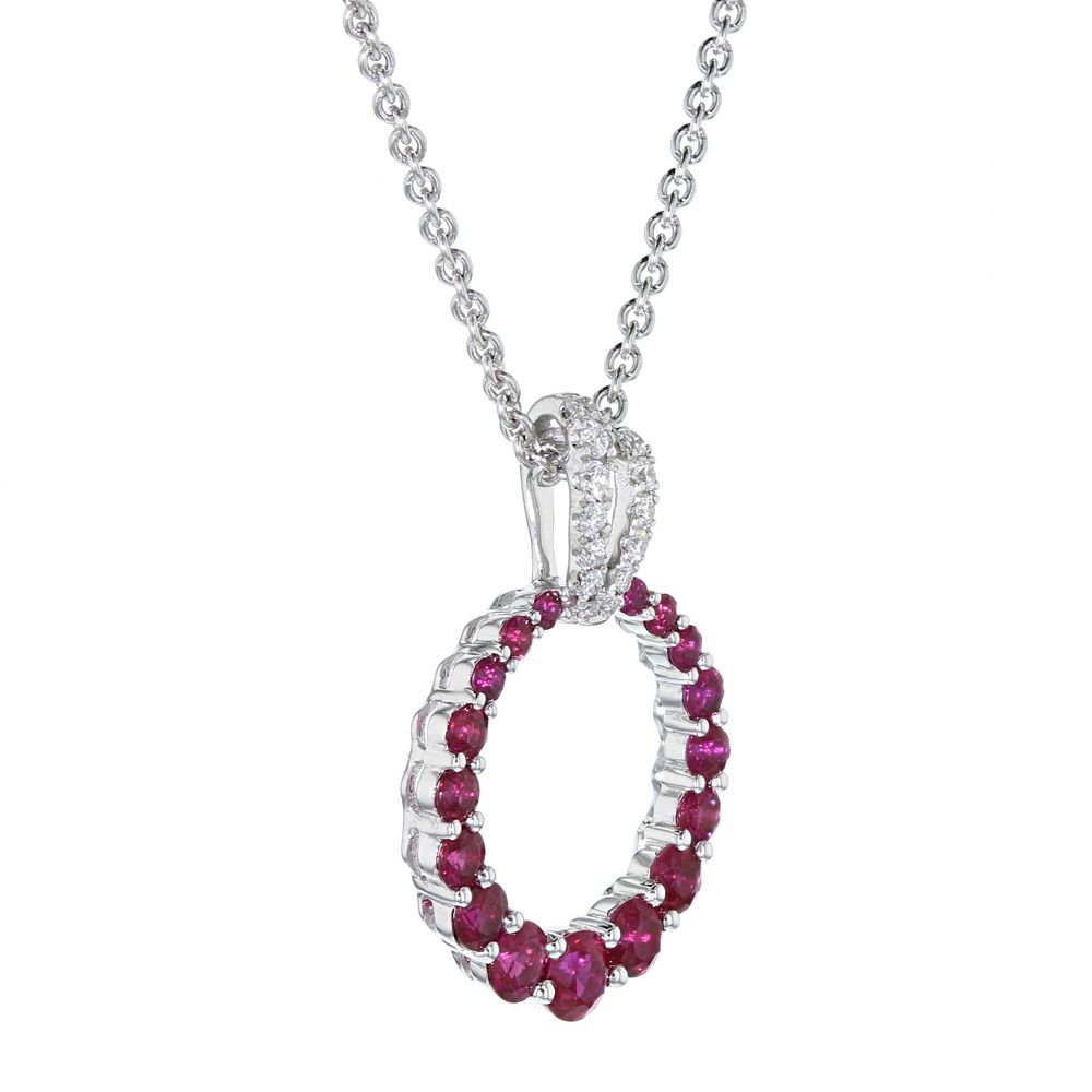 14K White Gold Ruby & Diamond Graduated Open Circle Pendant, 18