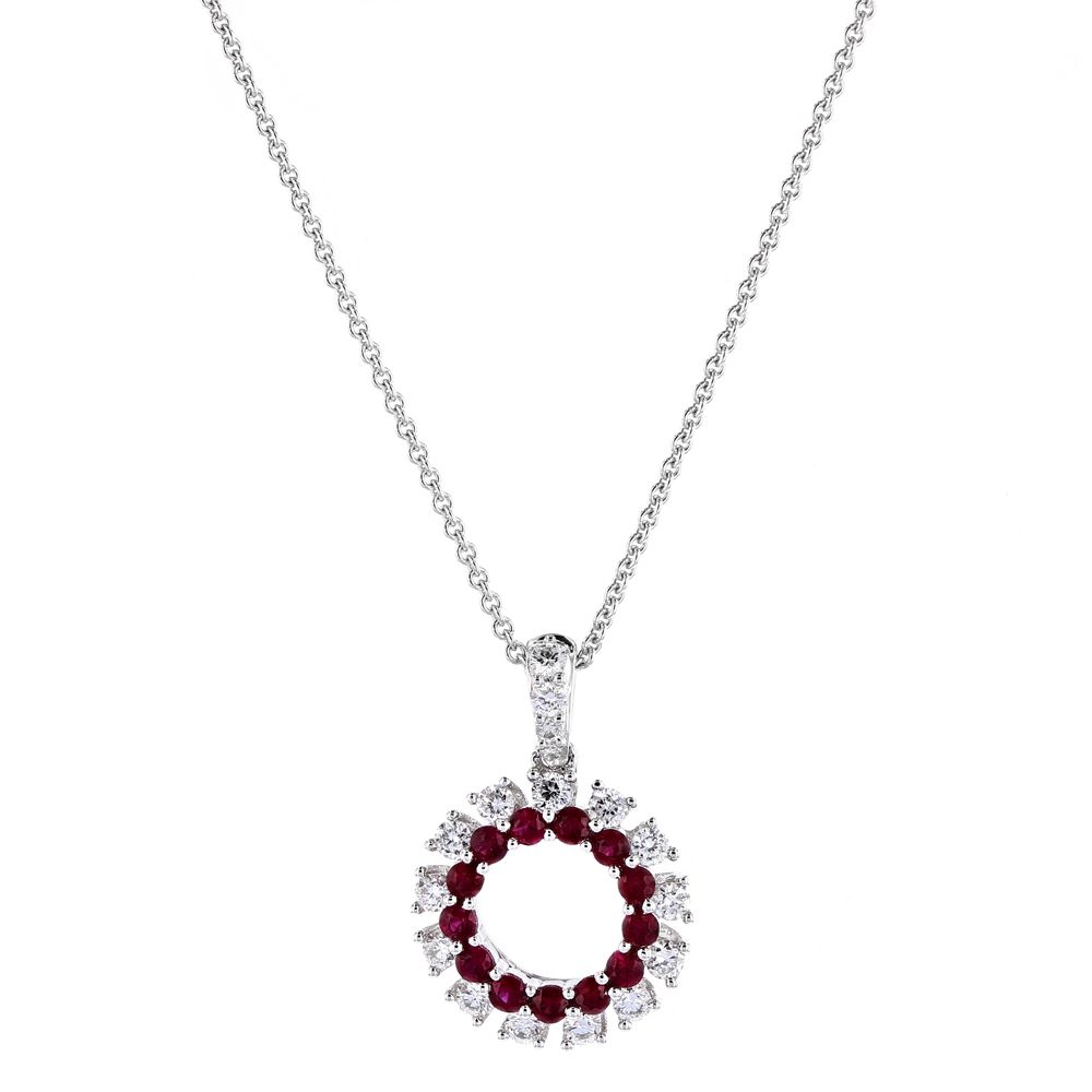 Ruby & Diamond Concentric Open Circle Pendant in White Gold, 18
