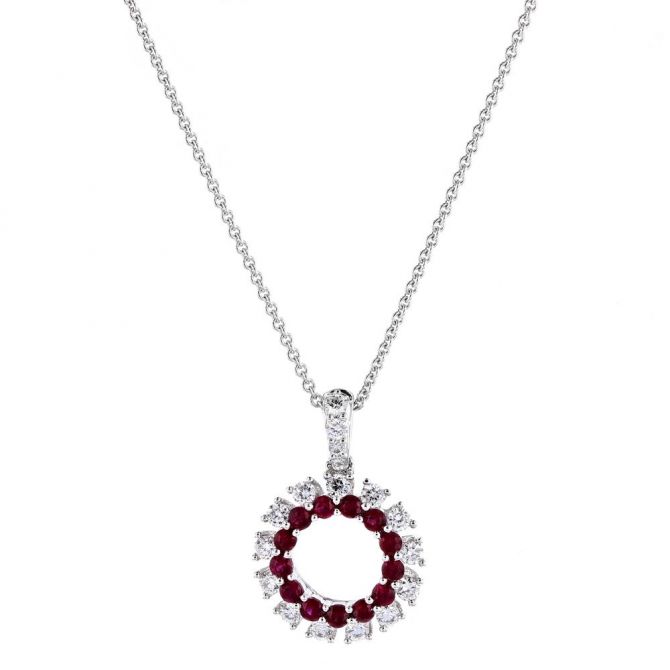 Ruby & Diamond Concentric Open Circle Pendant in White Gold, 18"