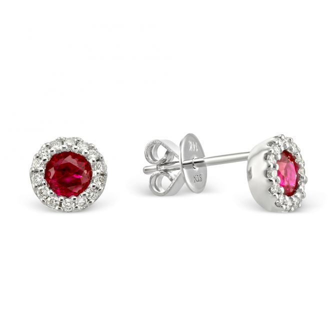 Round Ruby & Diamond Halo Earrings in White Gold