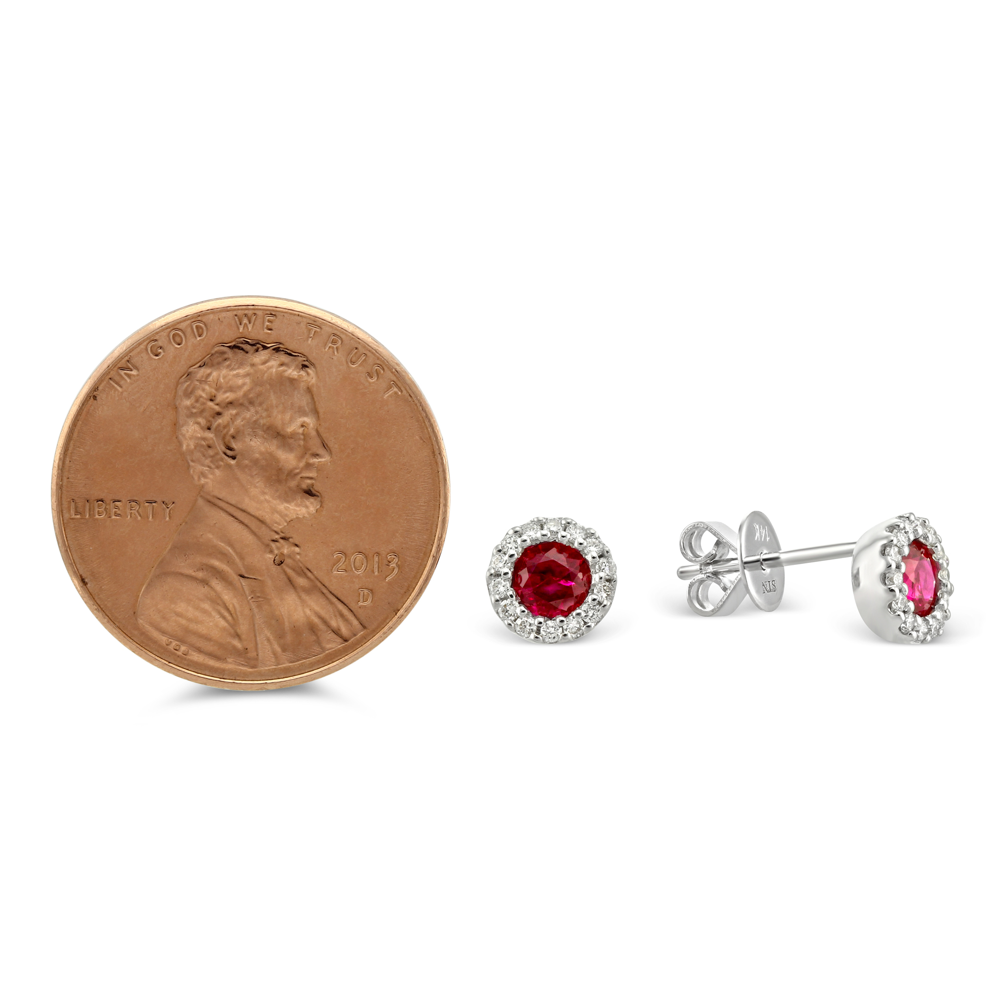 Round Ruby & Diamond Halo Earrings in White Gold