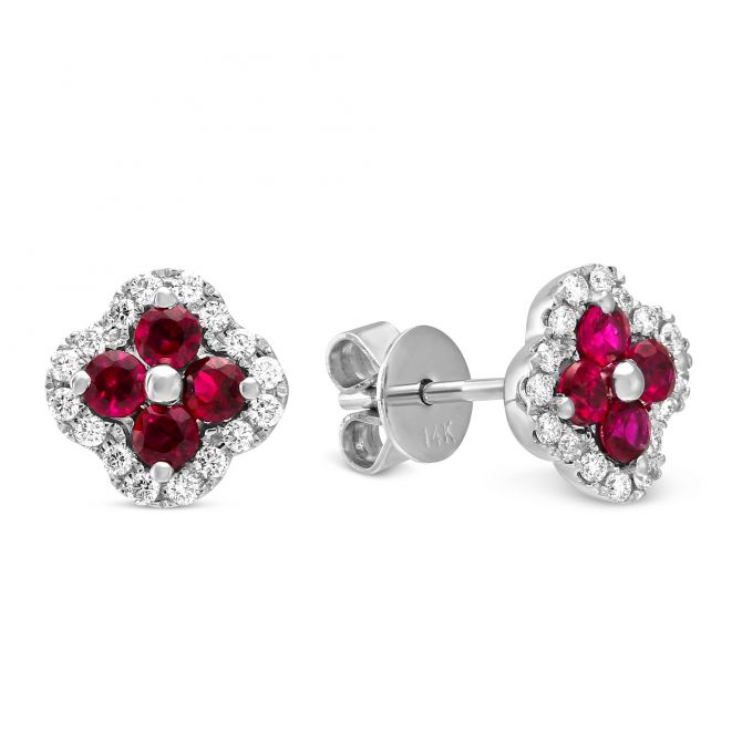 14K White Gold Diamond & Ruby Flower Earrings