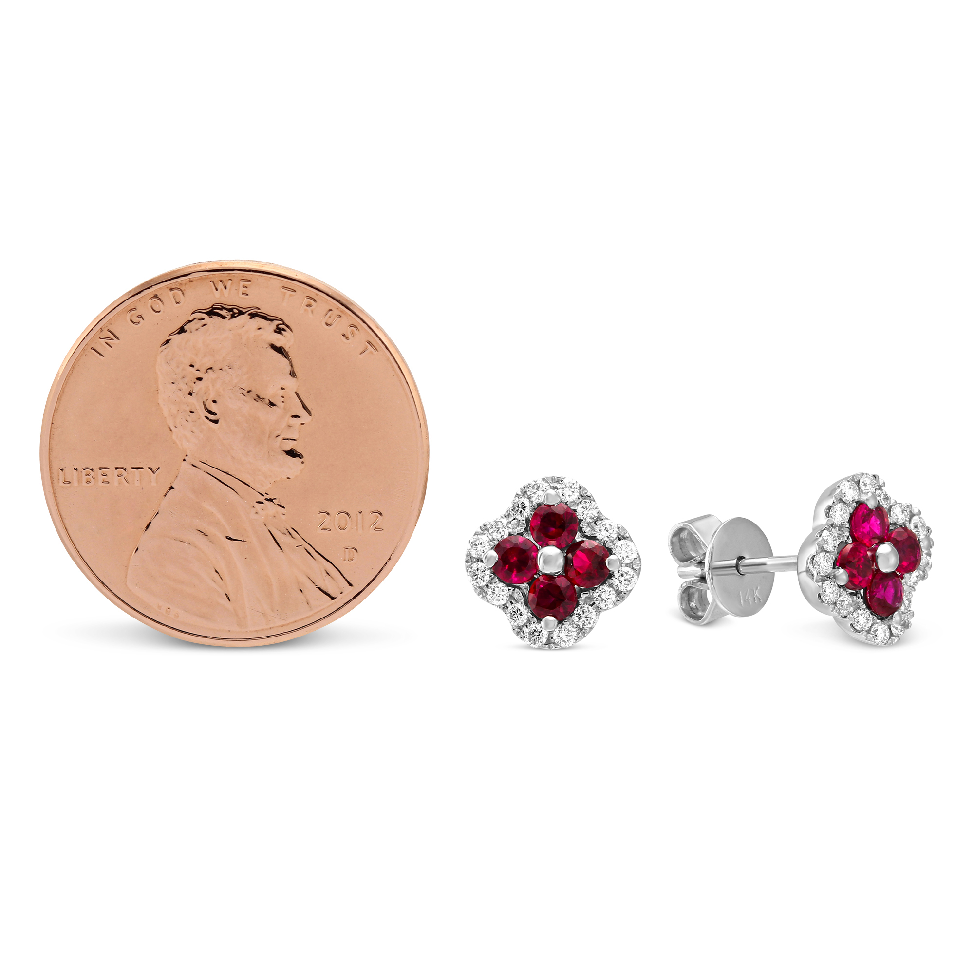 14K White Gold Diamond & Ruby Flower Earrings