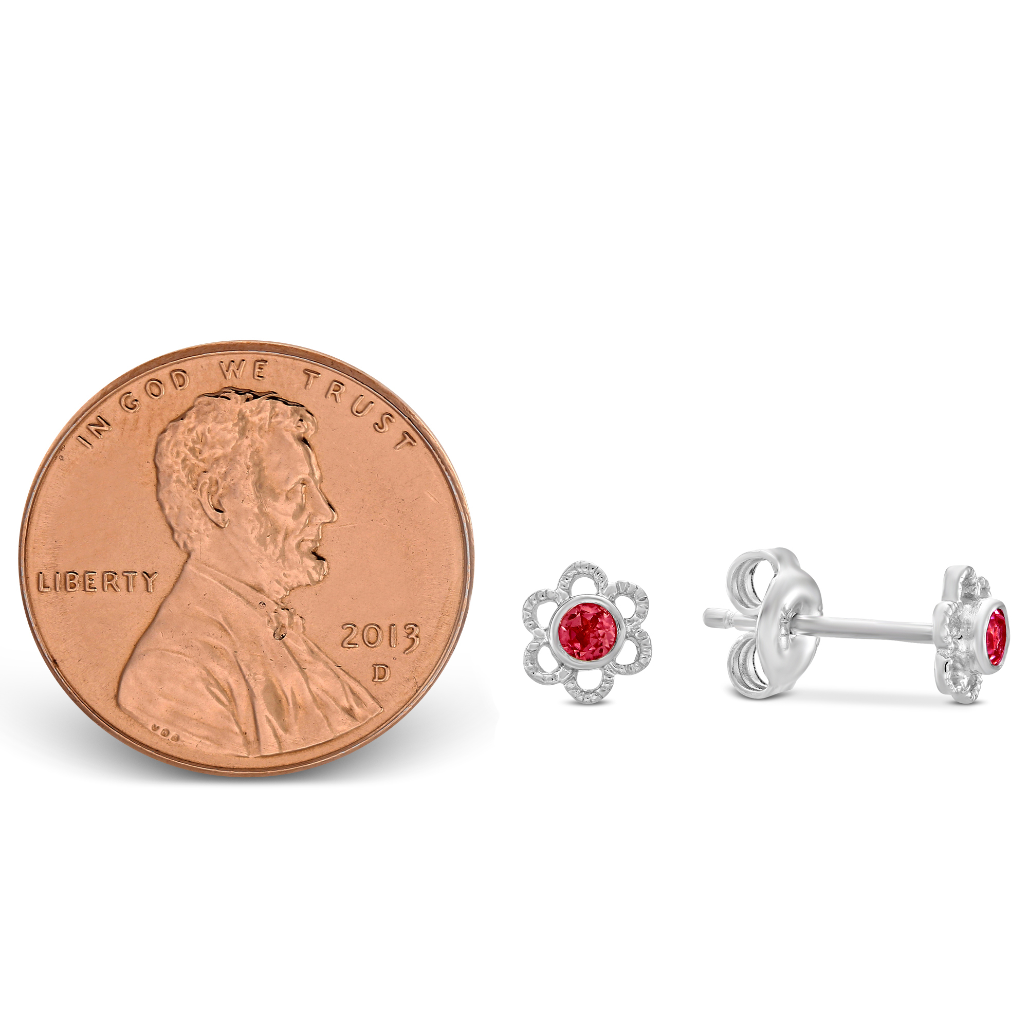 Sterling Silver Child's Red Crystal Flower Earrings
