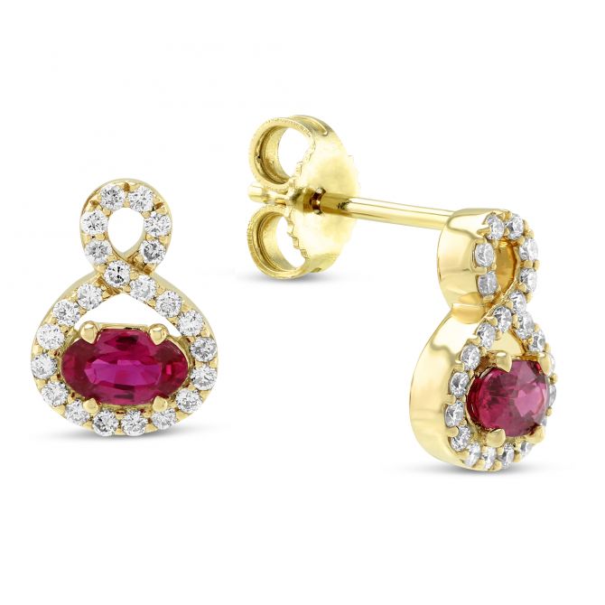 14K Yellow Gold Oval Ruby & Diamond Earrings, 0.30cttw