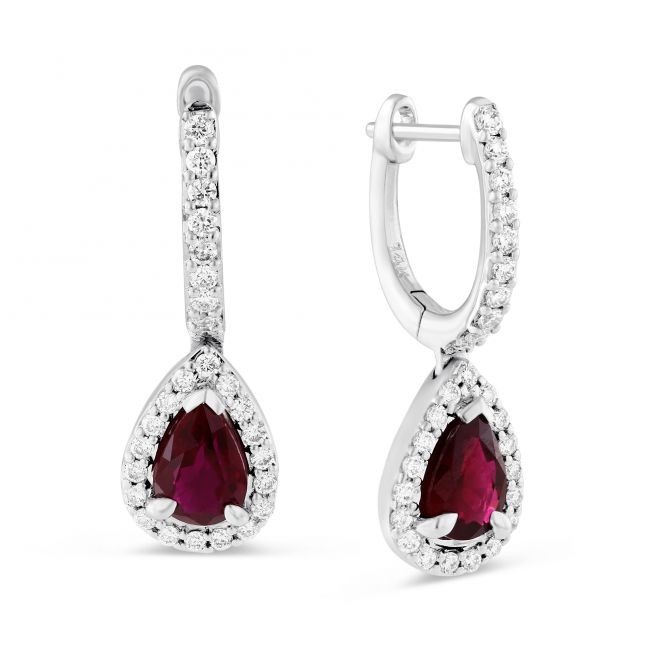 Pear Shape Ruby & Diamond Dangle Earrings in White Gold