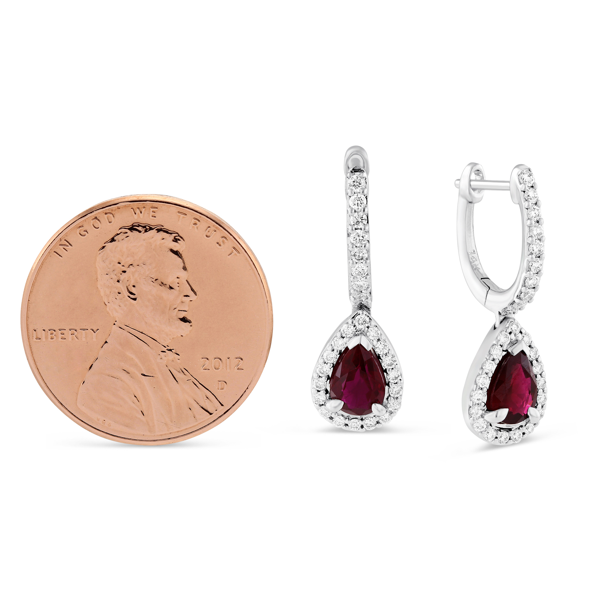 Pear Shape Ruby & Diamond Dangle Earrings in White Gold