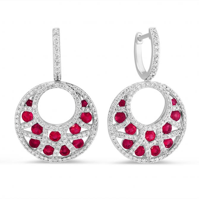 14K White Gold Ruby & Diamond Crescent Drop Earrings