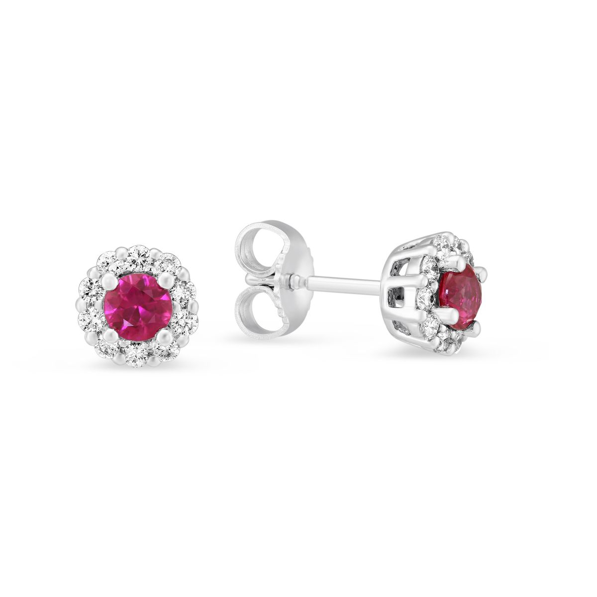 14K White Gold Ruby & Diamond Cluster Post Earrings