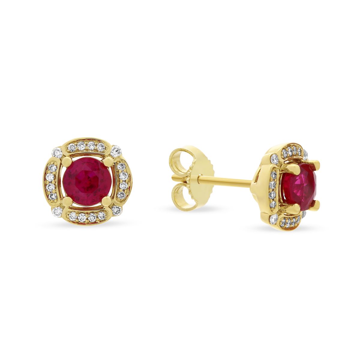 14K Yellow Gold Ruby & Diamond Frame Post Earrings