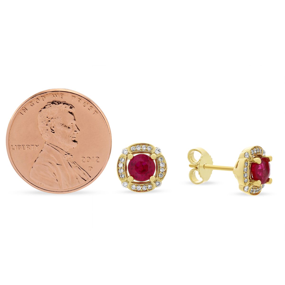 14K Yellow Gold Ruby & Diamond Frame Post Earrings