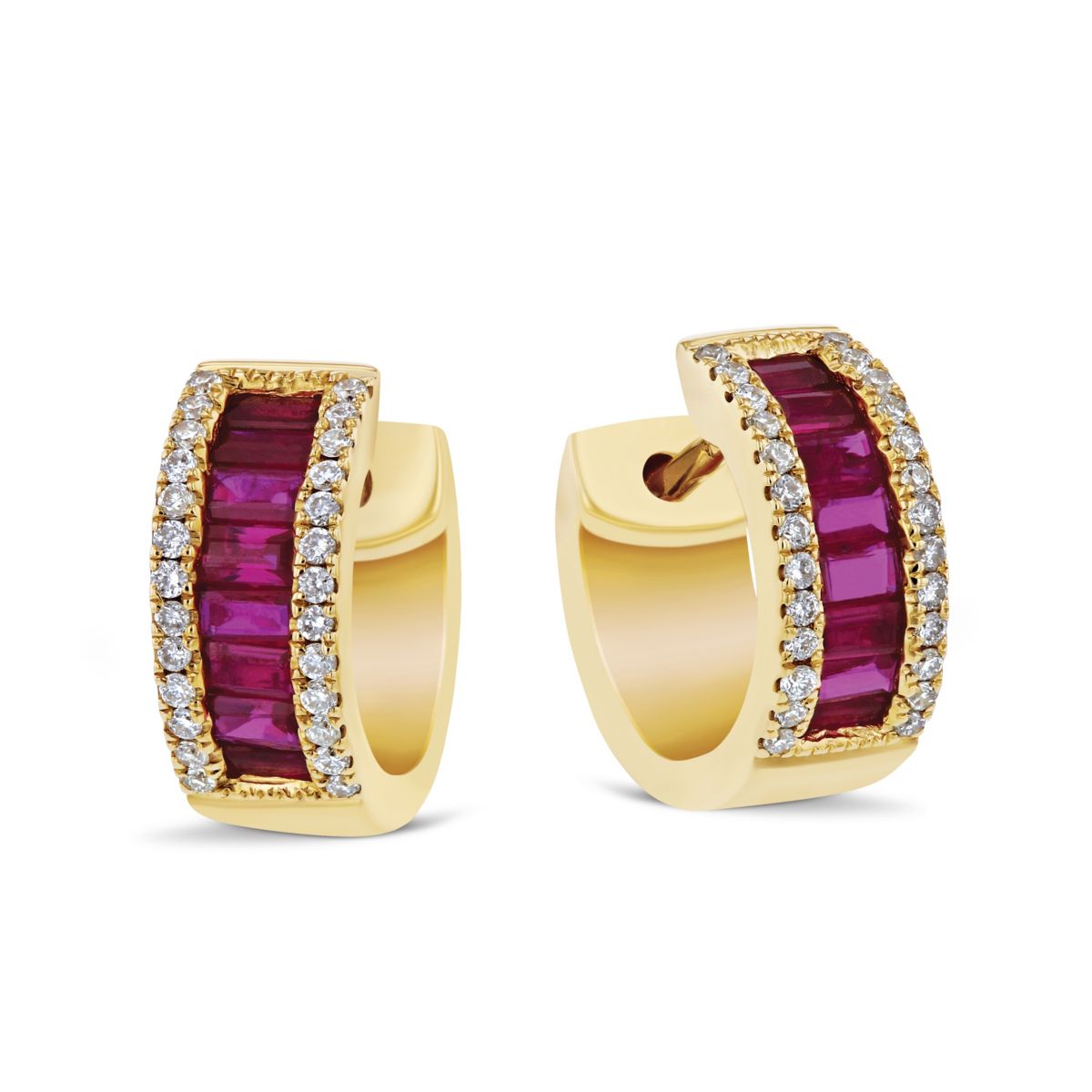 14K Yellow Gold Baguette Ruby & Pavé Diamond Petite Huggie Hoop Earrings