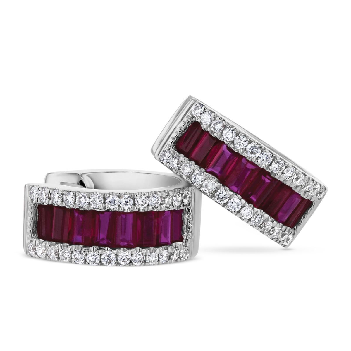 14K White Gold Pavé Diamond & Baguette Ruby Petite Huggie Hoop Earrings