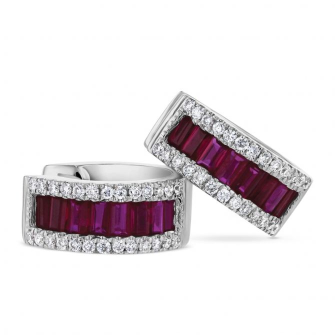 14K White Gold Pavé Diamond & Baguette Ruby Petite Huggie Hoop Earrings