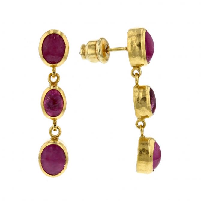 Gurhan 24K Yellow Gold Oval Cabochon Ruby & Pink Tourmaline Bezel Set Dangle Earrings
