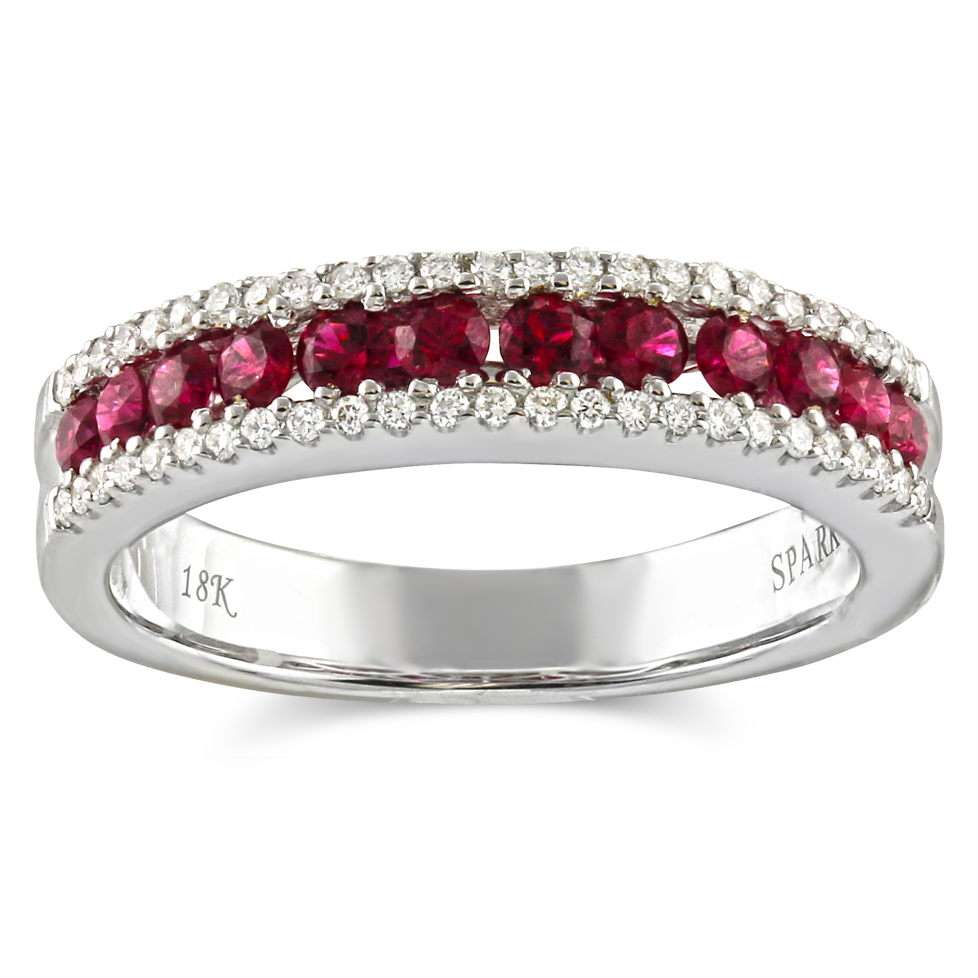 18K White Gold Round Ruby & Diamond Three Row Ring