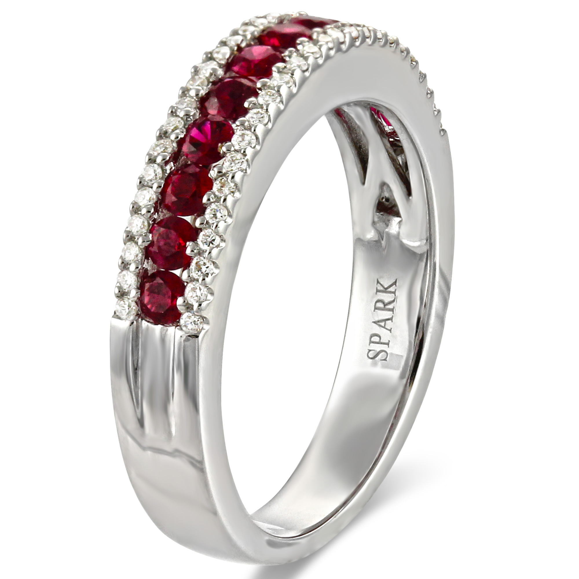 18K White Gold Round Ruby & Diamond Three Row Ring
