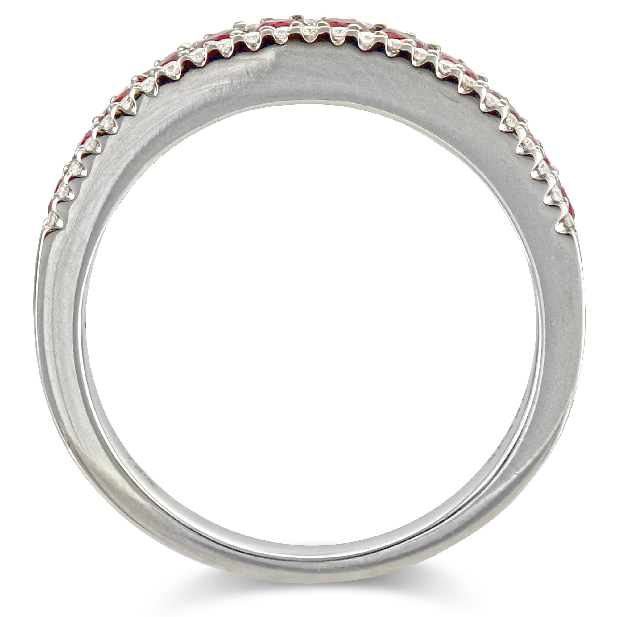 18K White Gold Round Ruby & Diamond Three Row Ring
