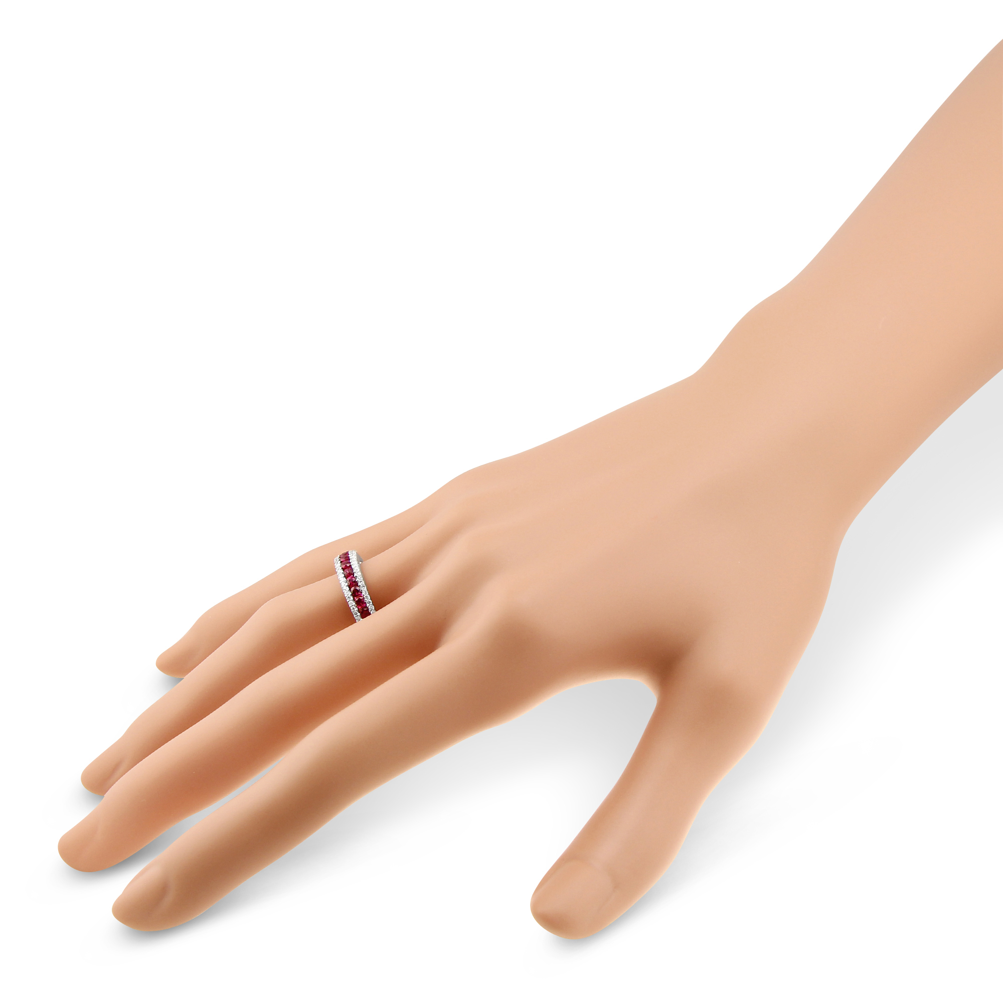 18K White Gold Round Ruby & Diamond Three Row Ring