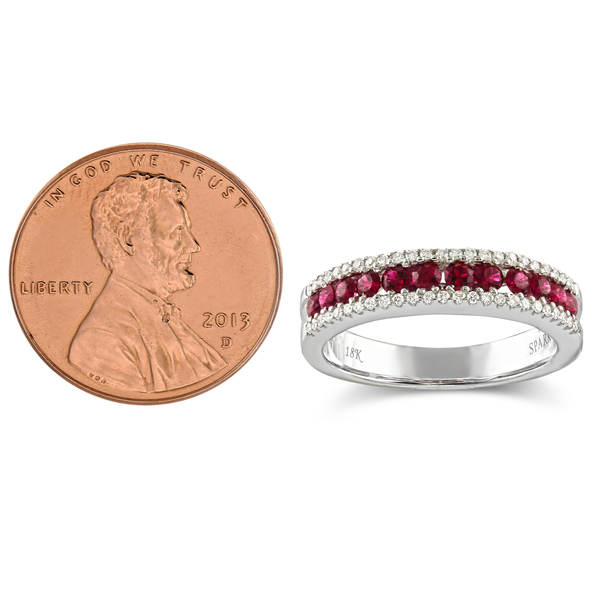18K White Gold Round Ruby & Diamond Three Row Ring