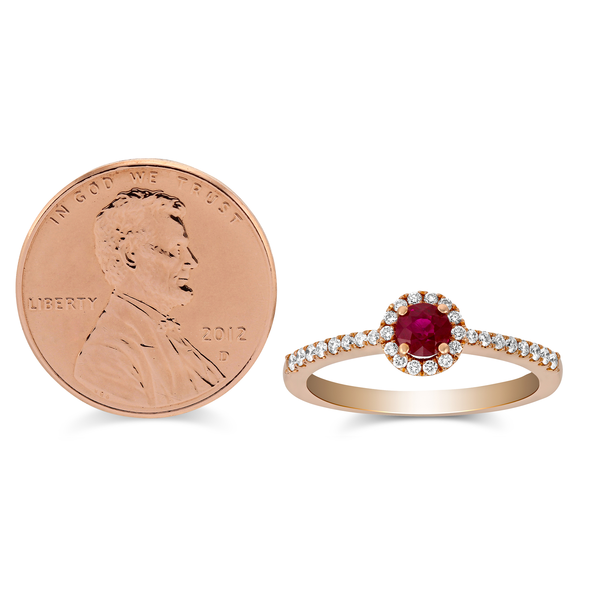 14K Rose Gold Round Ruby & Diamond Halo Ring