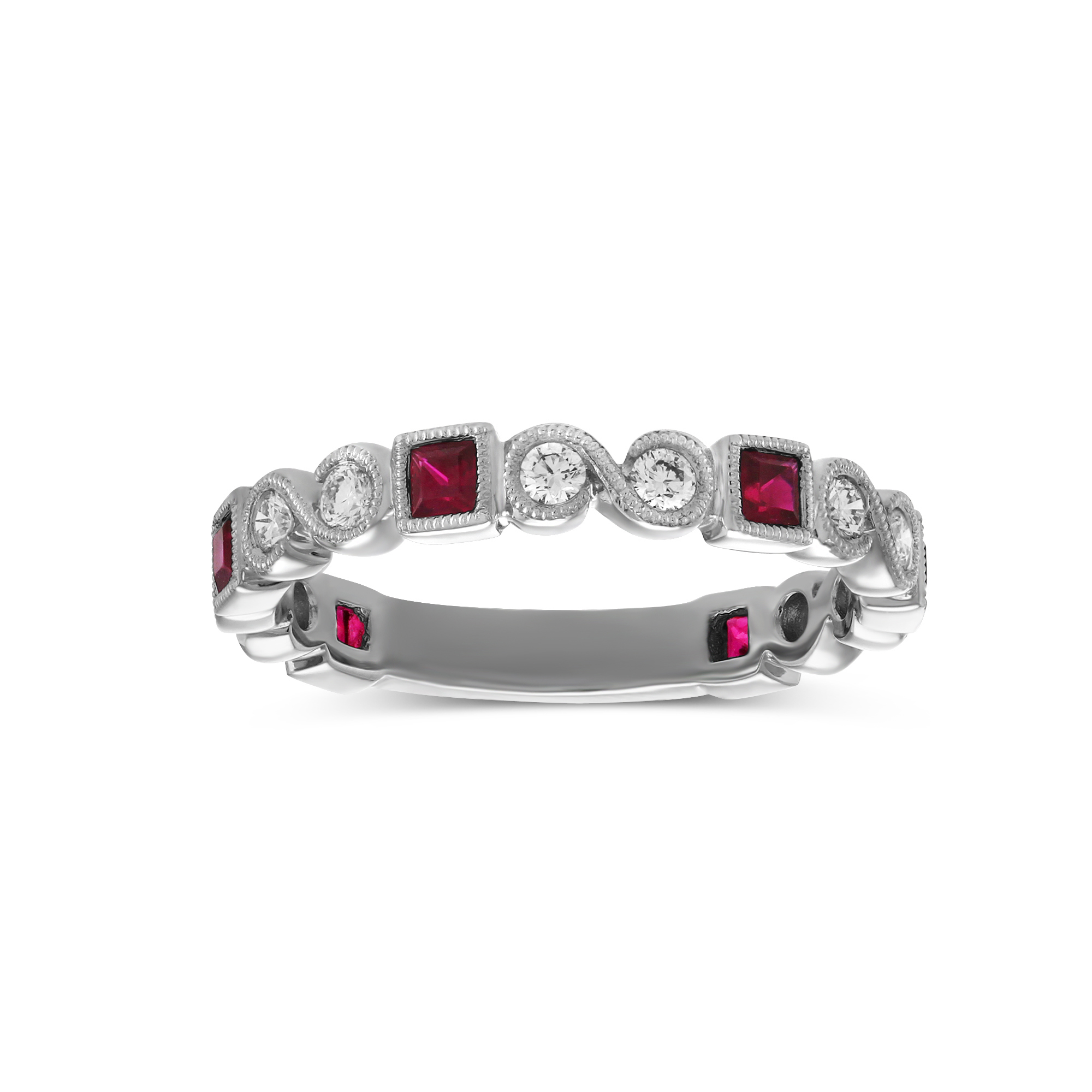 14K White Gold Princess Cut Ruby & Round Diamond Milgrain Bezel Ring
