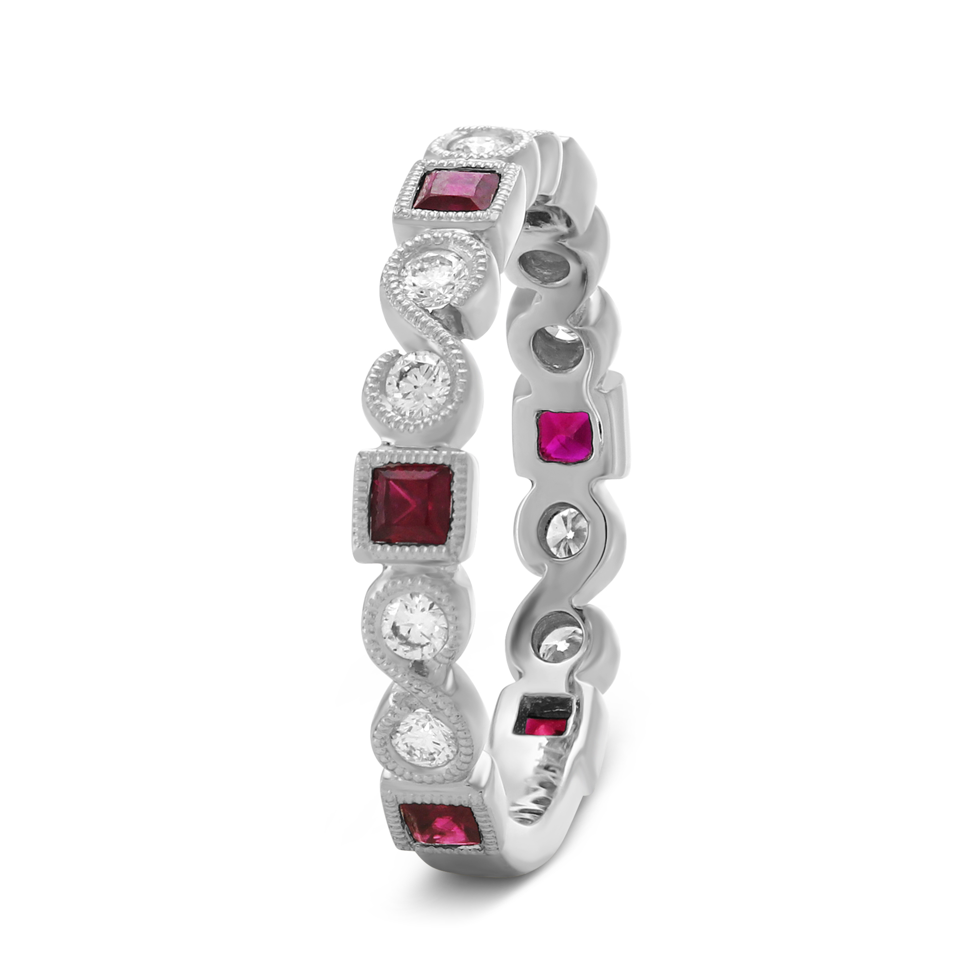 14K White Gold Princess Cut Ruby & Round Diamond Milgrain Bezel Ring