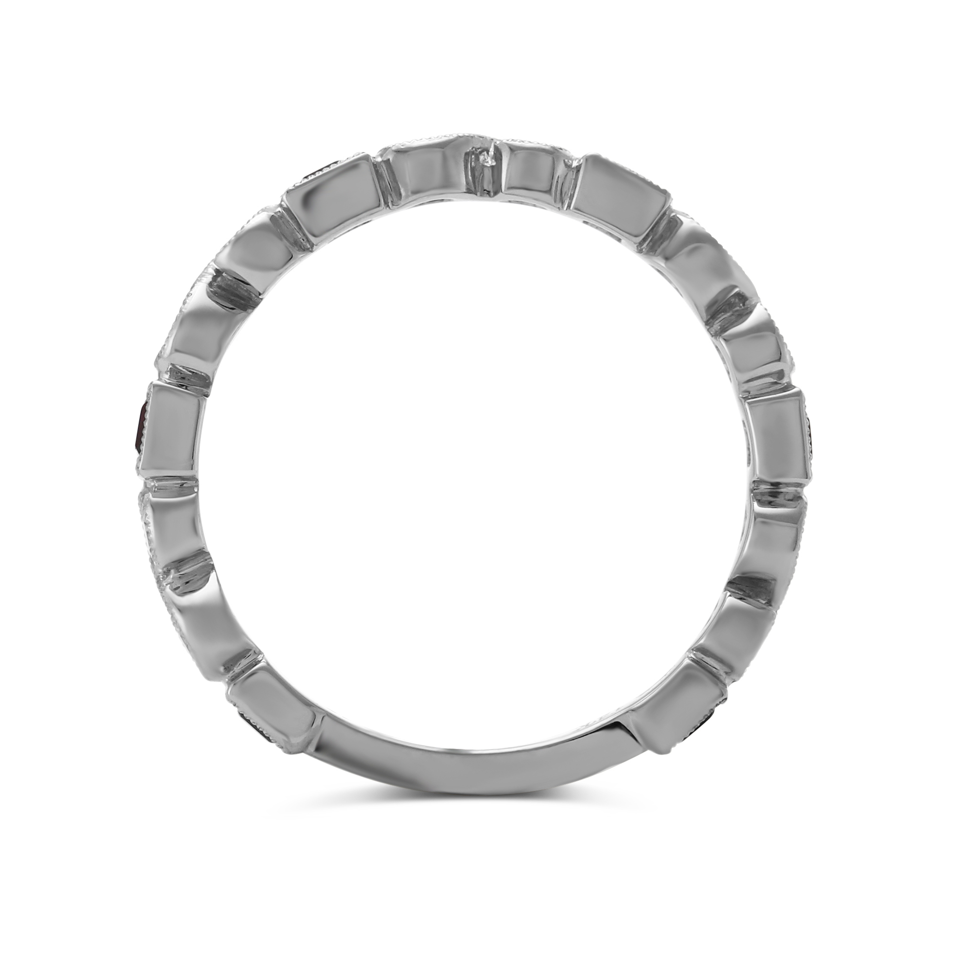 14K White Gold Princess Cut Ruby & Round Diamond Milgrain Bezel Ring