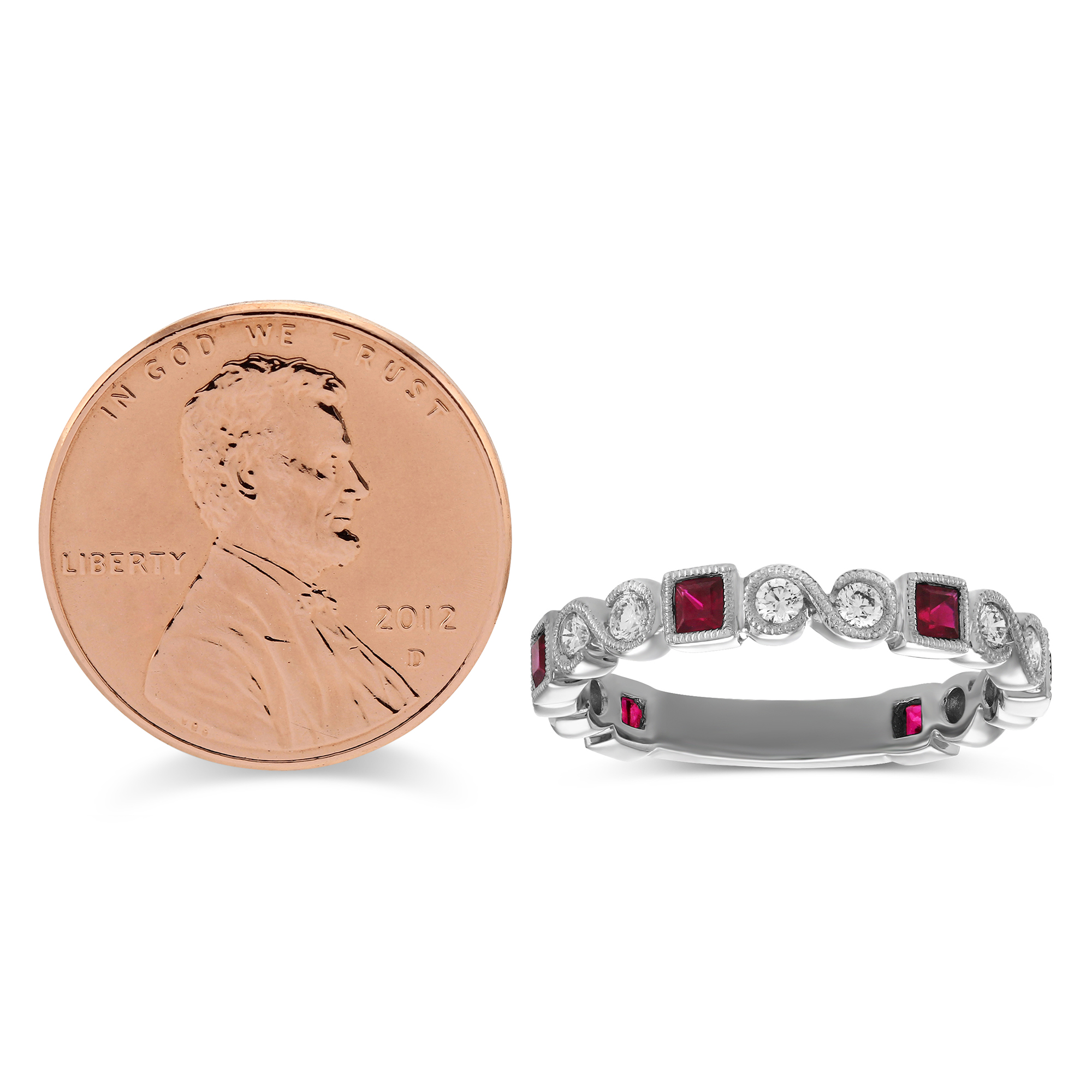 14K White Gold Princess Cut Ruby & Round Diamond Milgrain Bezel Ring