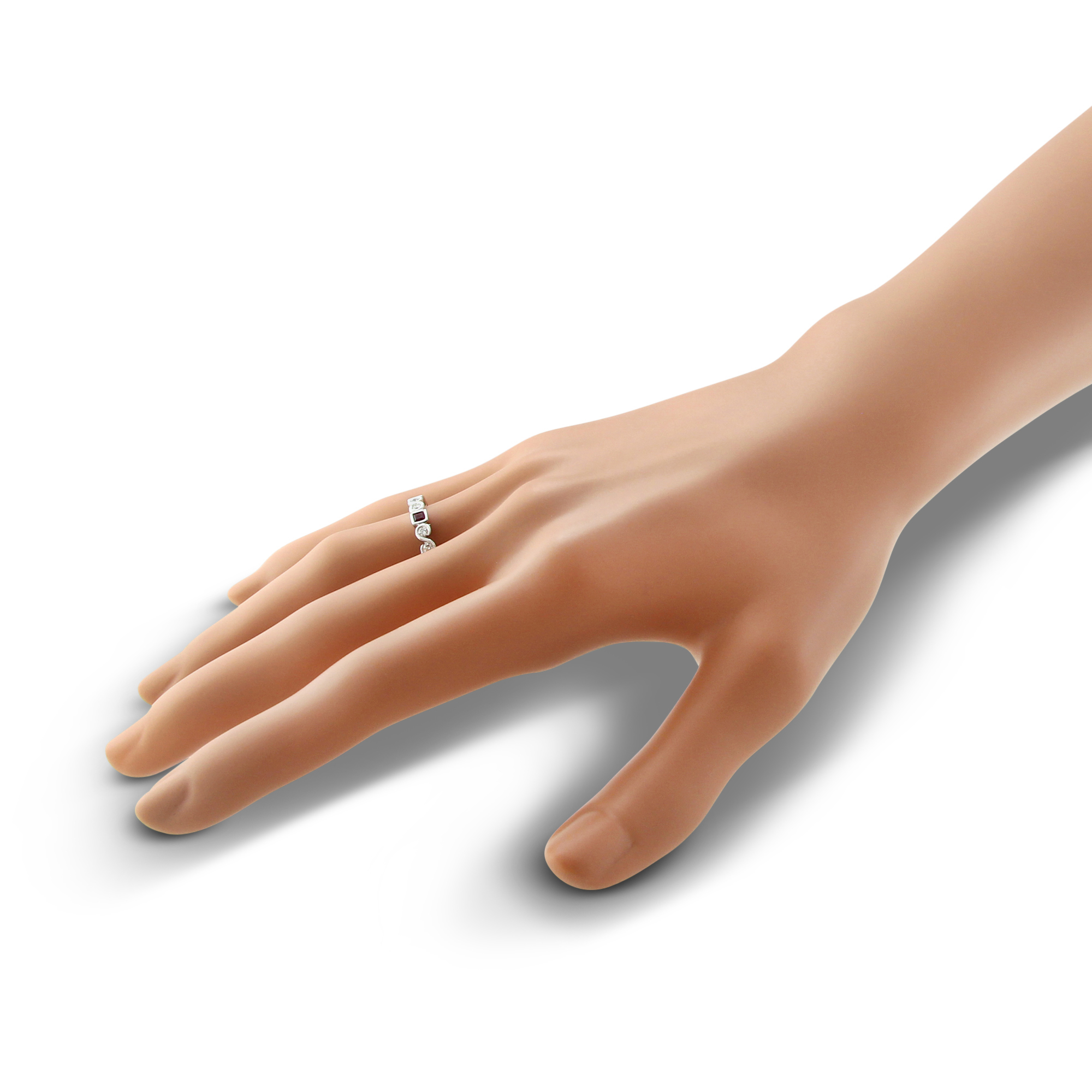 14K White Gold Princess Cut Ruby & Round Diamond Milgrain Bezel Ring