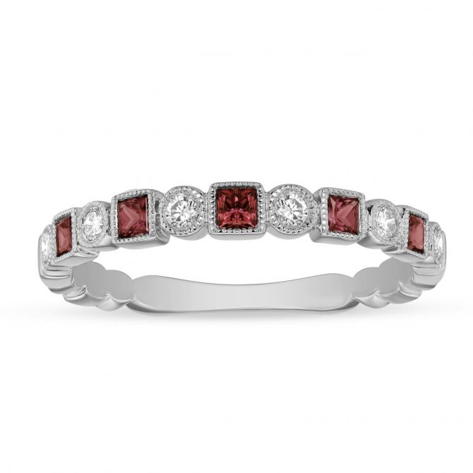 Ruby & Diamond Milgrain Geometric Ring in White Gold