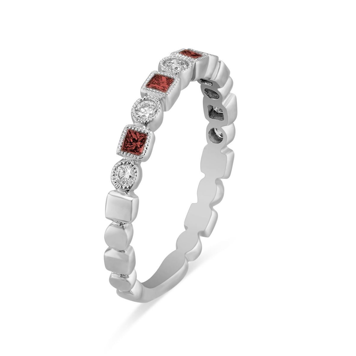 Ruby & Diamond Milgrain Geometric Ring in White Gold