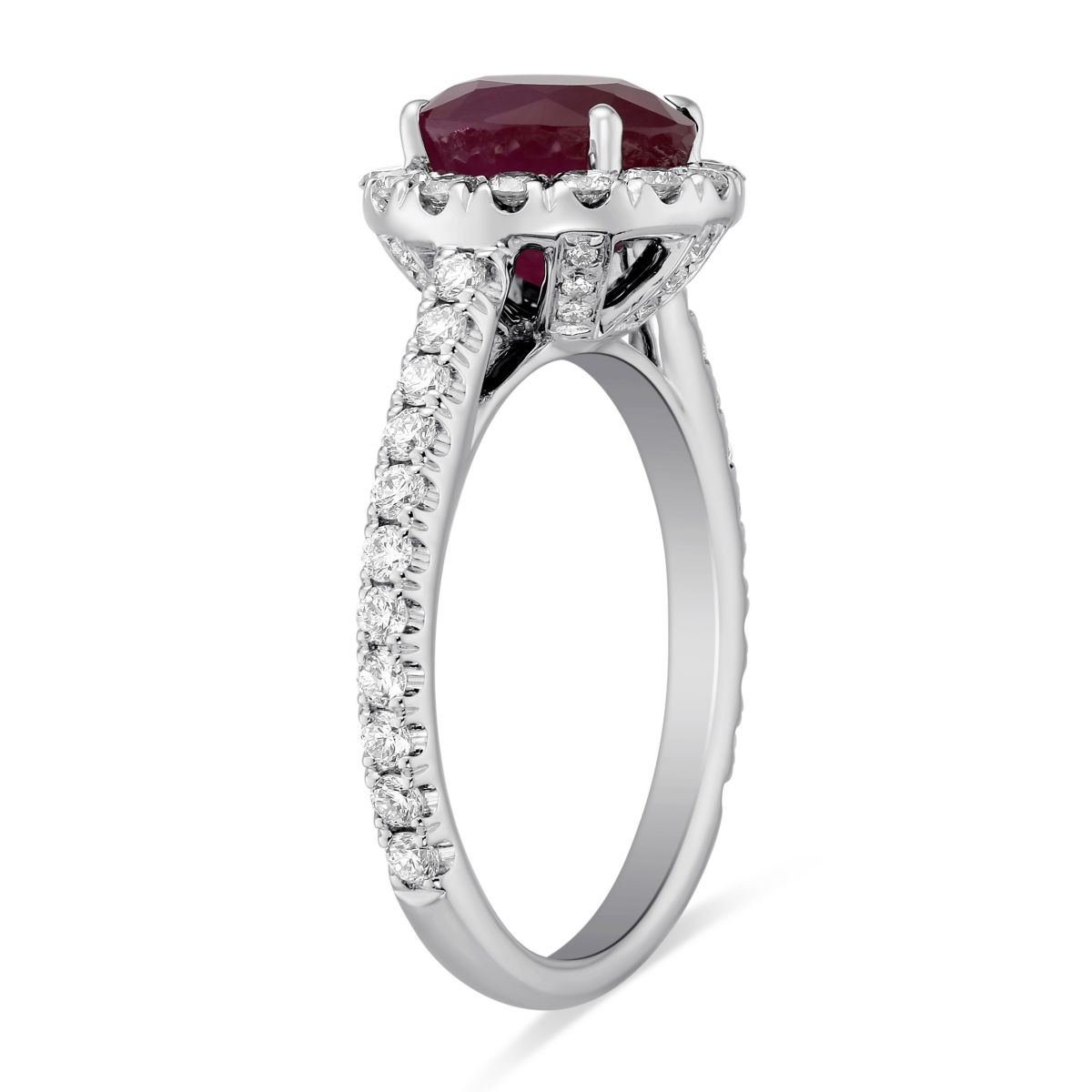 18K White Gold Oval Ruby & Diamond Halo & Shank Ring
