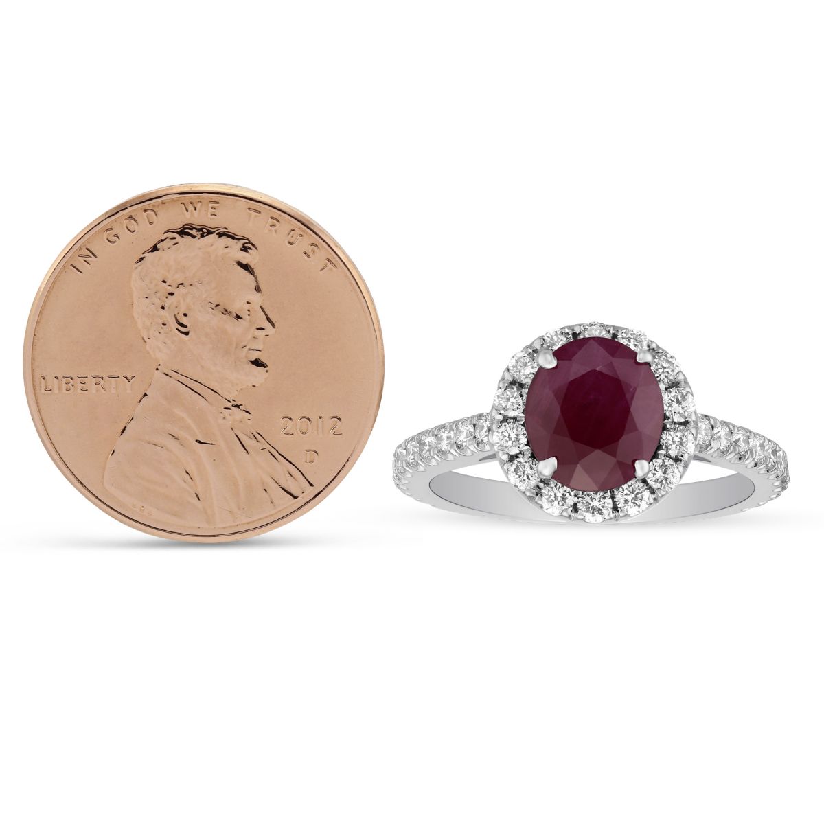 18K White Gold Oval Ruby & Diamond Halo & Shank Ring