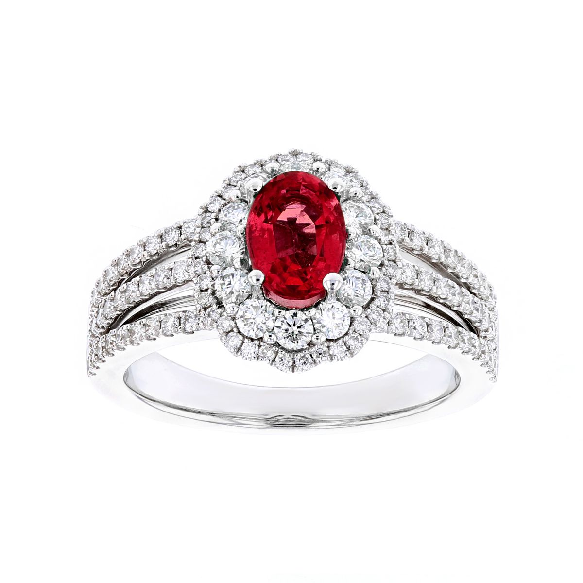 14K White Gold Oval Ruby & Diamond Double Scalloped Halo Ring with 3 Row Shank