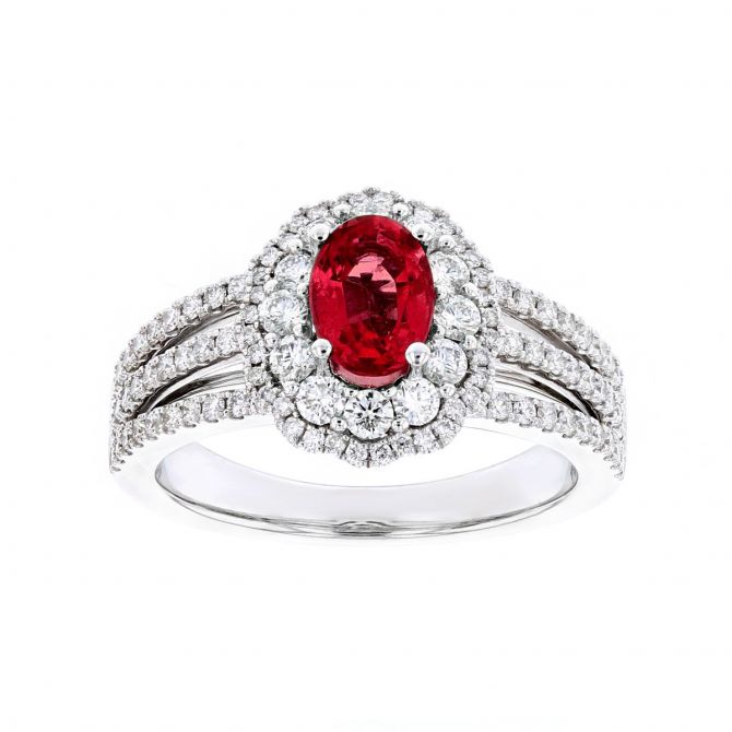 14K White Gold Oval Ruby & Diamond Double Scalloped Halo Ring with 3 Row Shank