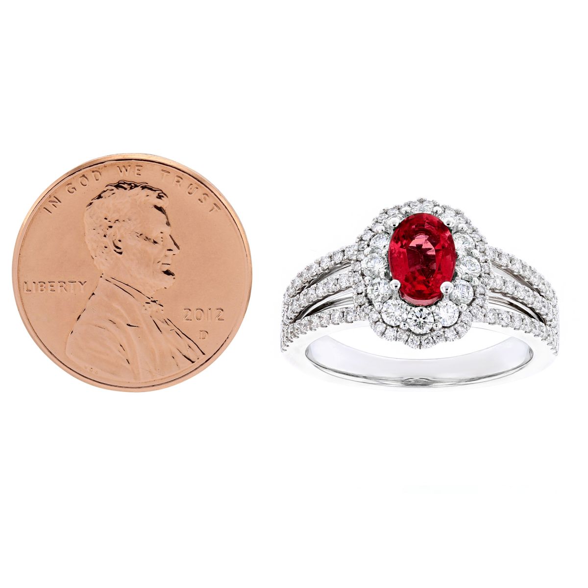 14K White Gold Oval Ruby & Diamond Double Scalloped Halo Ring with 3 Row Shank