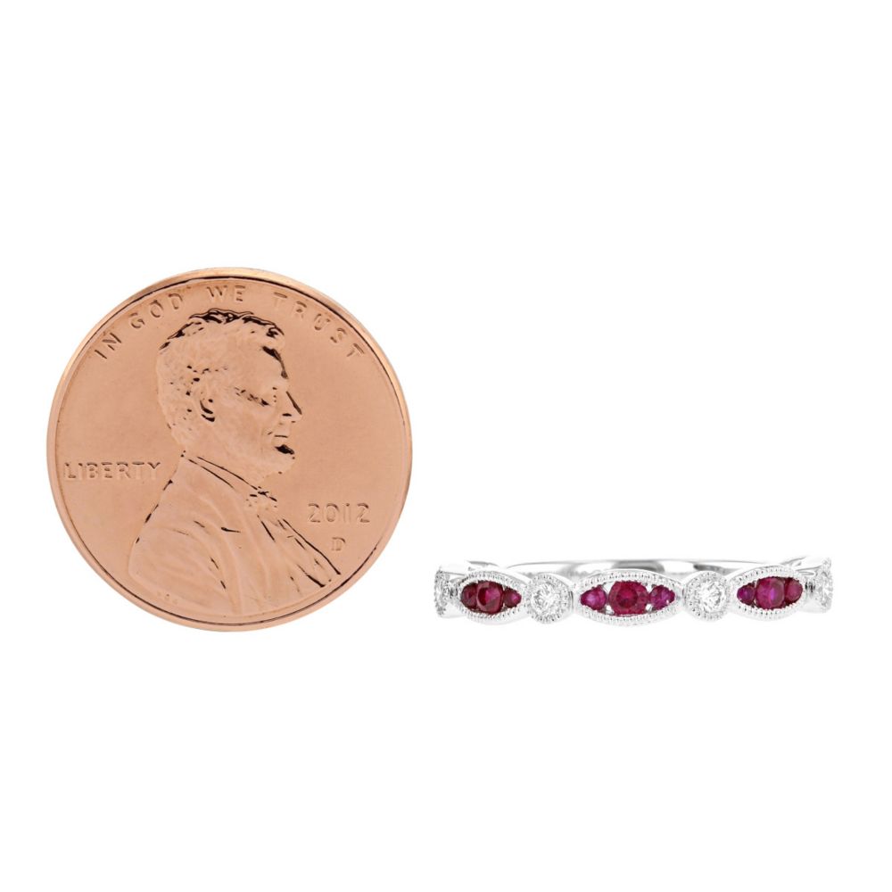 14K White Gold Ruby & Diamond Milgrain Navette & Round Station Ring