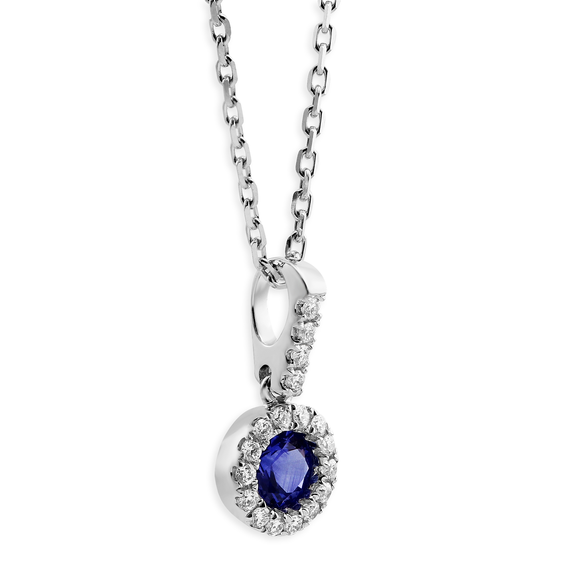 5mm Round Sapphire & Diamond Pendant in White Gold, 18