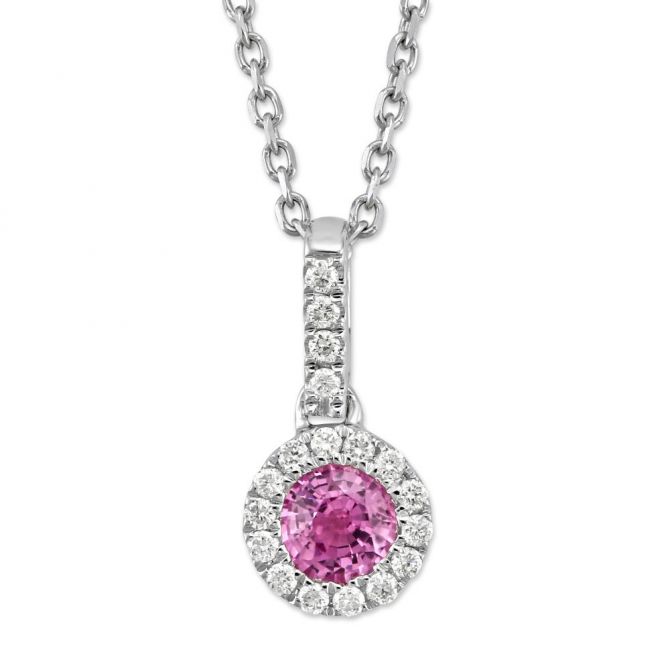 14K White Gold 5mm Round Pink Sapphire & Diamond Pendant, 18"