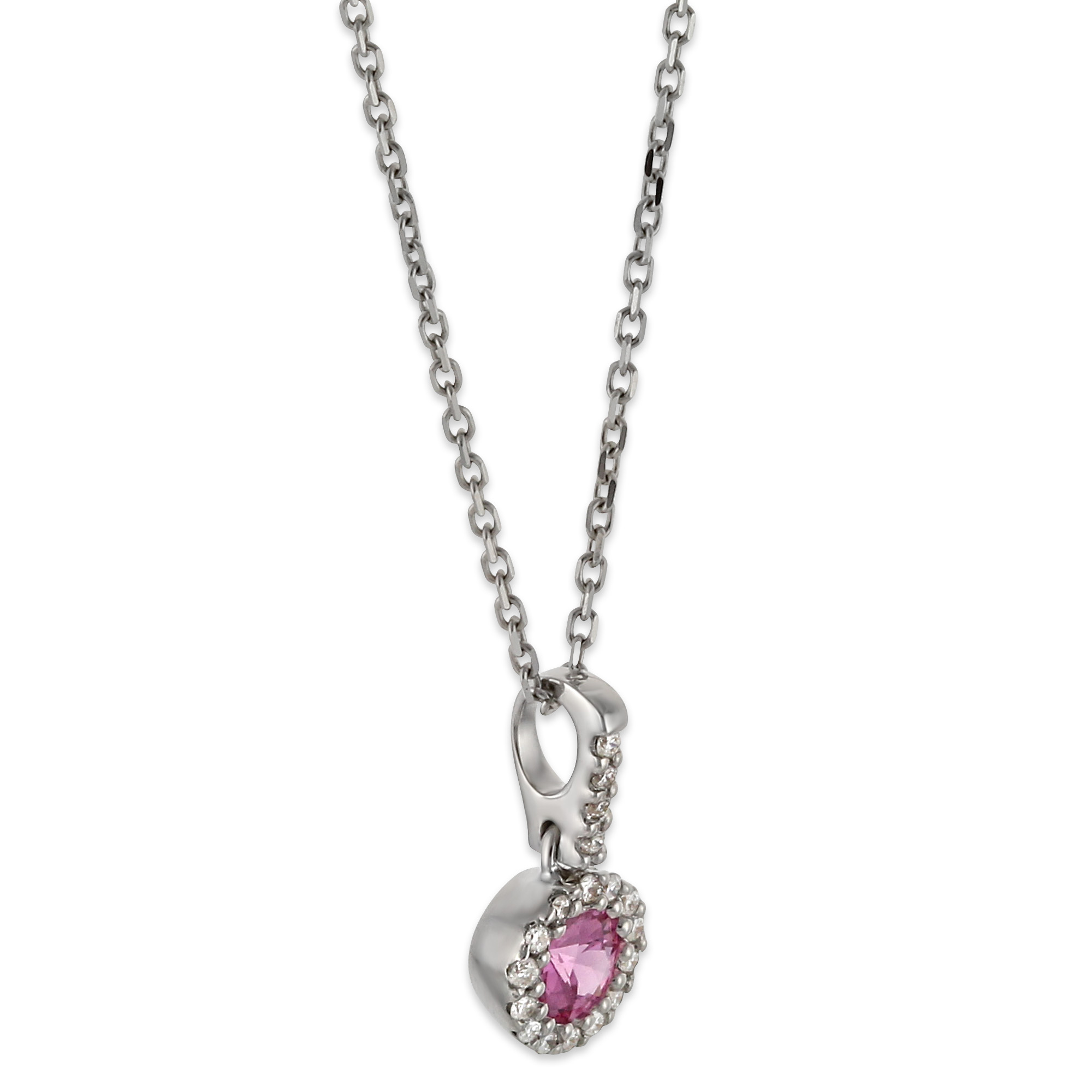 14K White Gold 5mm Round Pink Sapphire & Diamond Pendant, 18