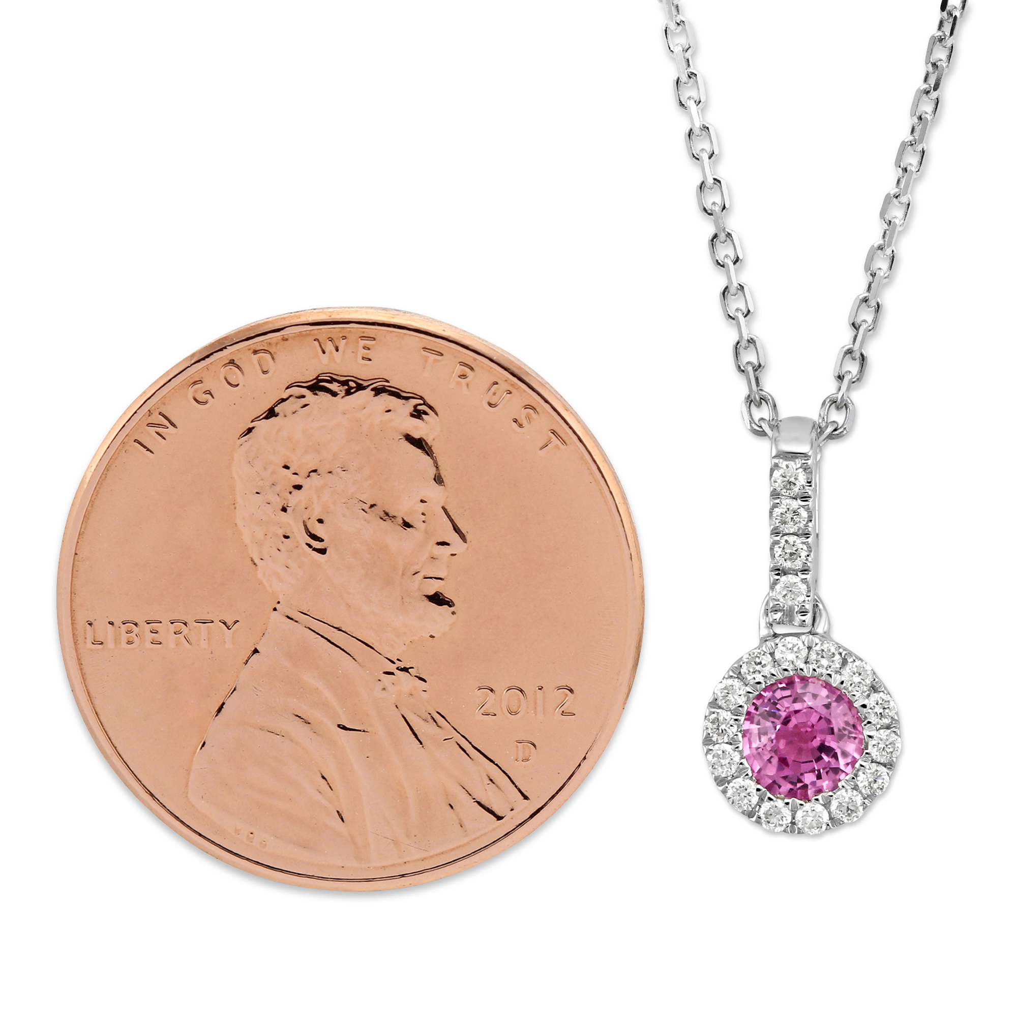 14K White Gold 5mm Round Pink Sapphire & Diamond Pendant, 18