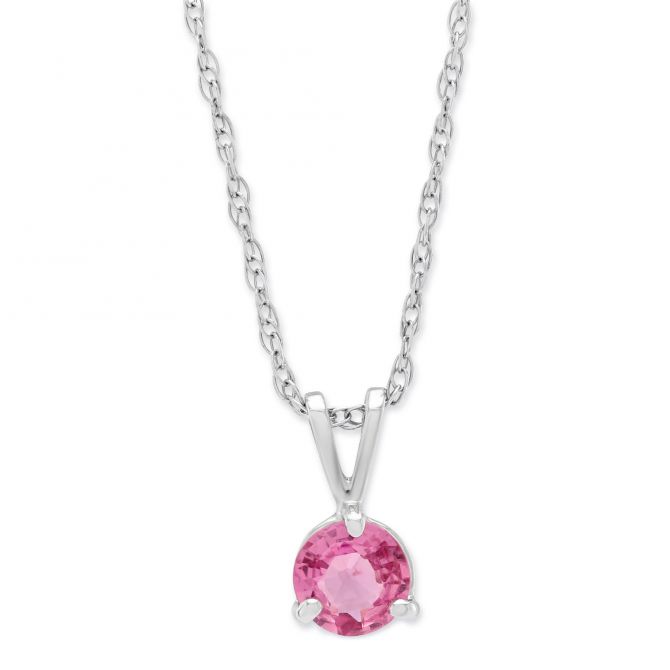 Round Pink Sapphire Pendant in White Gold, 18"