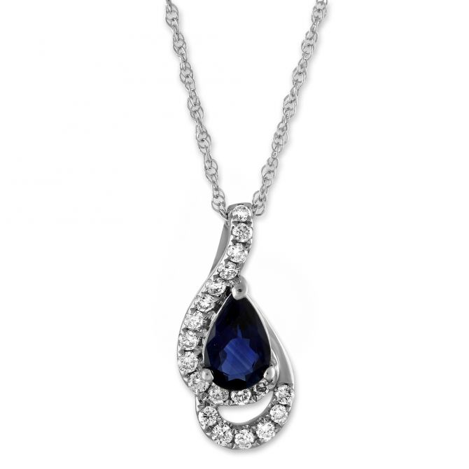 Pear Shaped Blue Sapphire & Diamond Pendant in White Gold, 18"