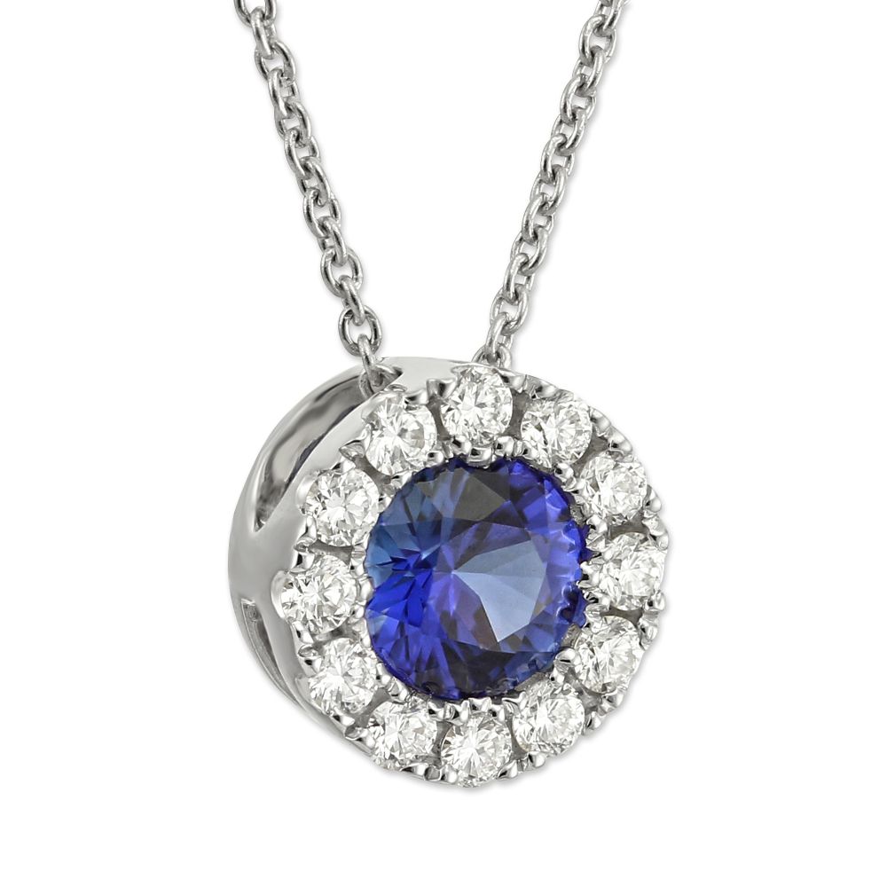 Round Sapphire & Diamond Pendant in White Gold, 17