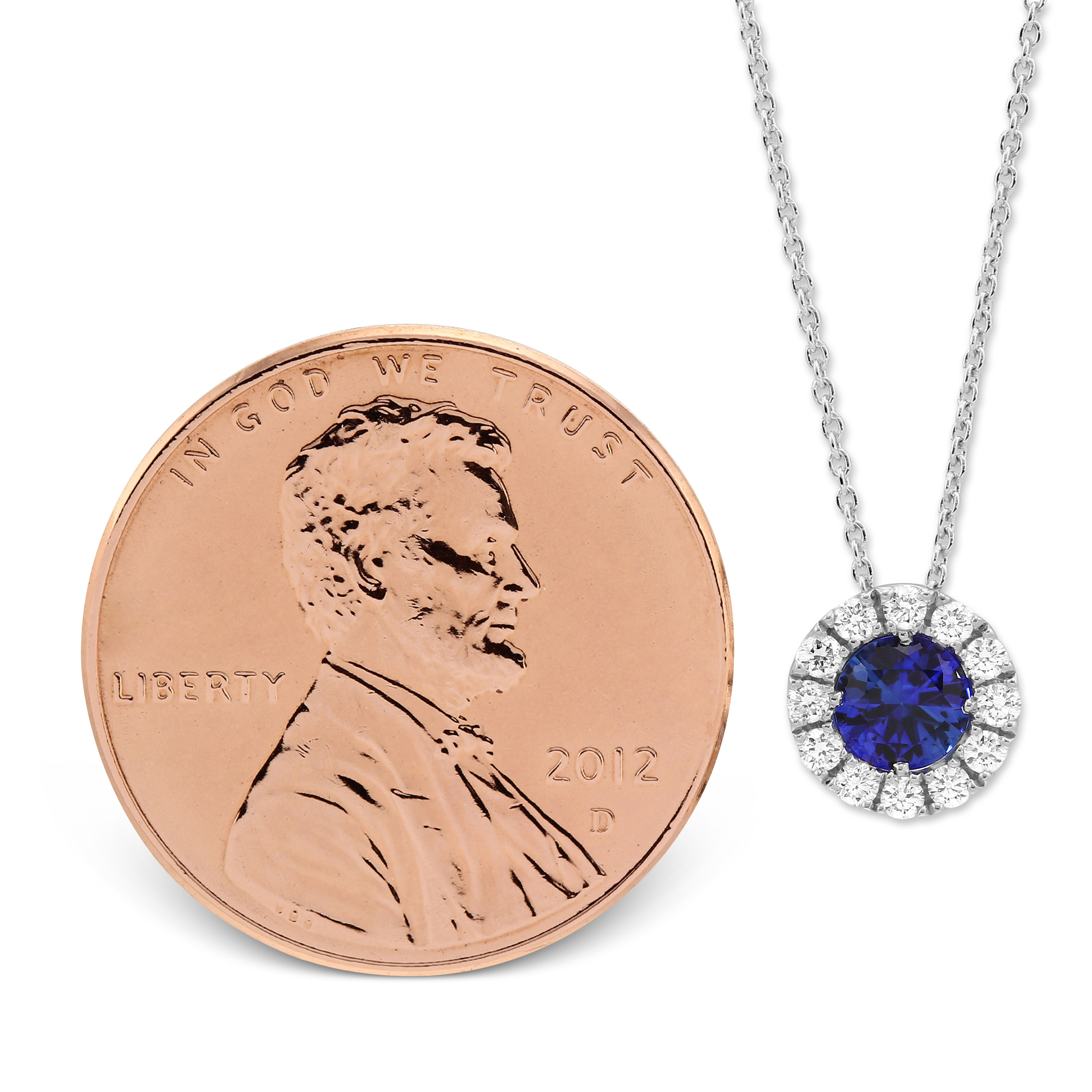 Round Sapphire & Diamond Pendant in White Gold, 17