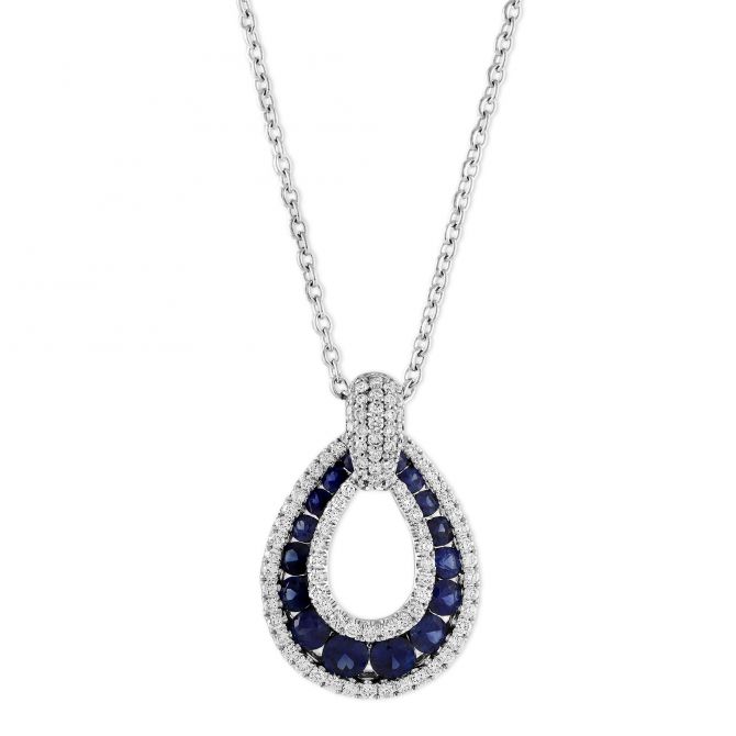 Sapphire & Diamond Pendant in White Gold, 18"