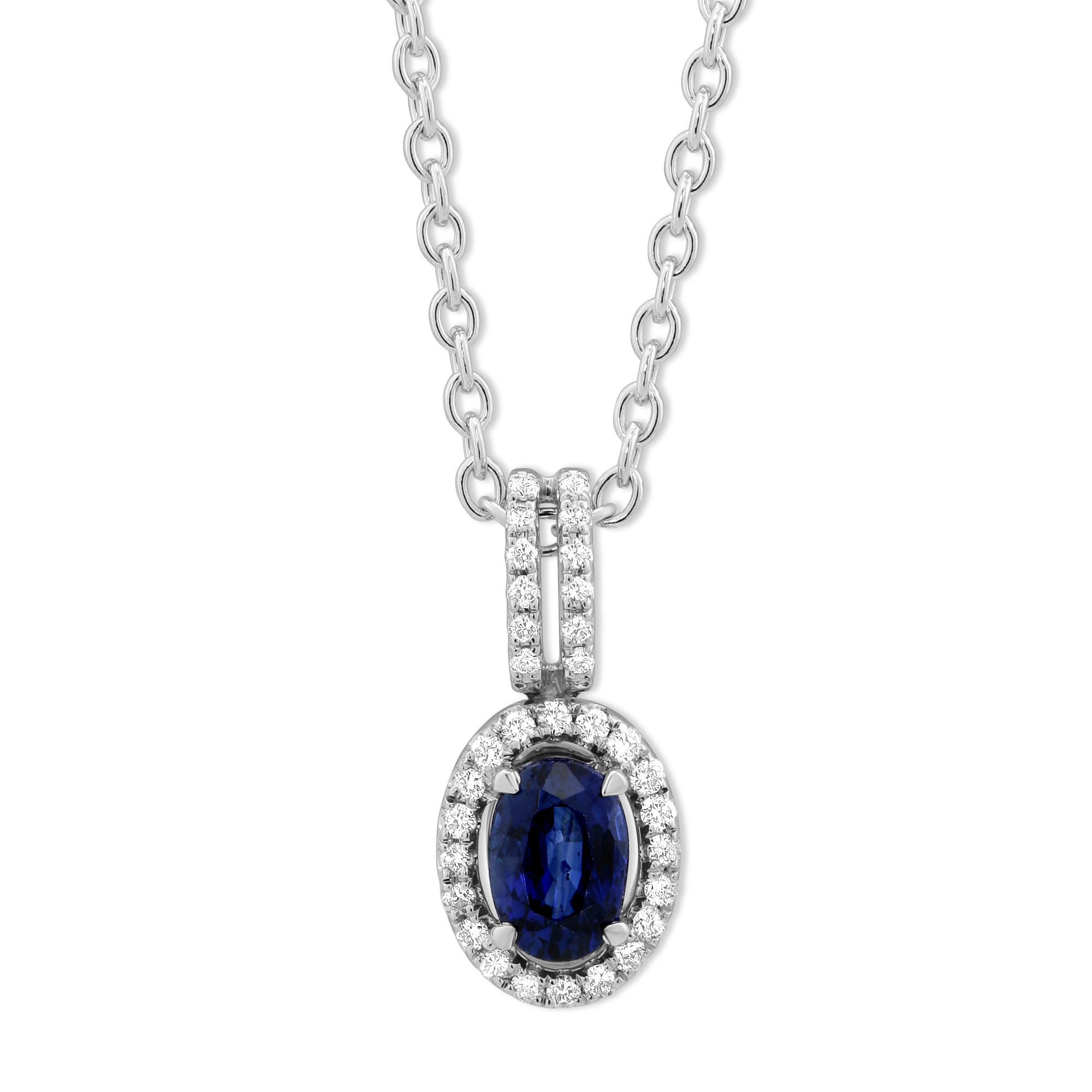 14K White Gold Oval Sapphire & Diamond Pendant, 18