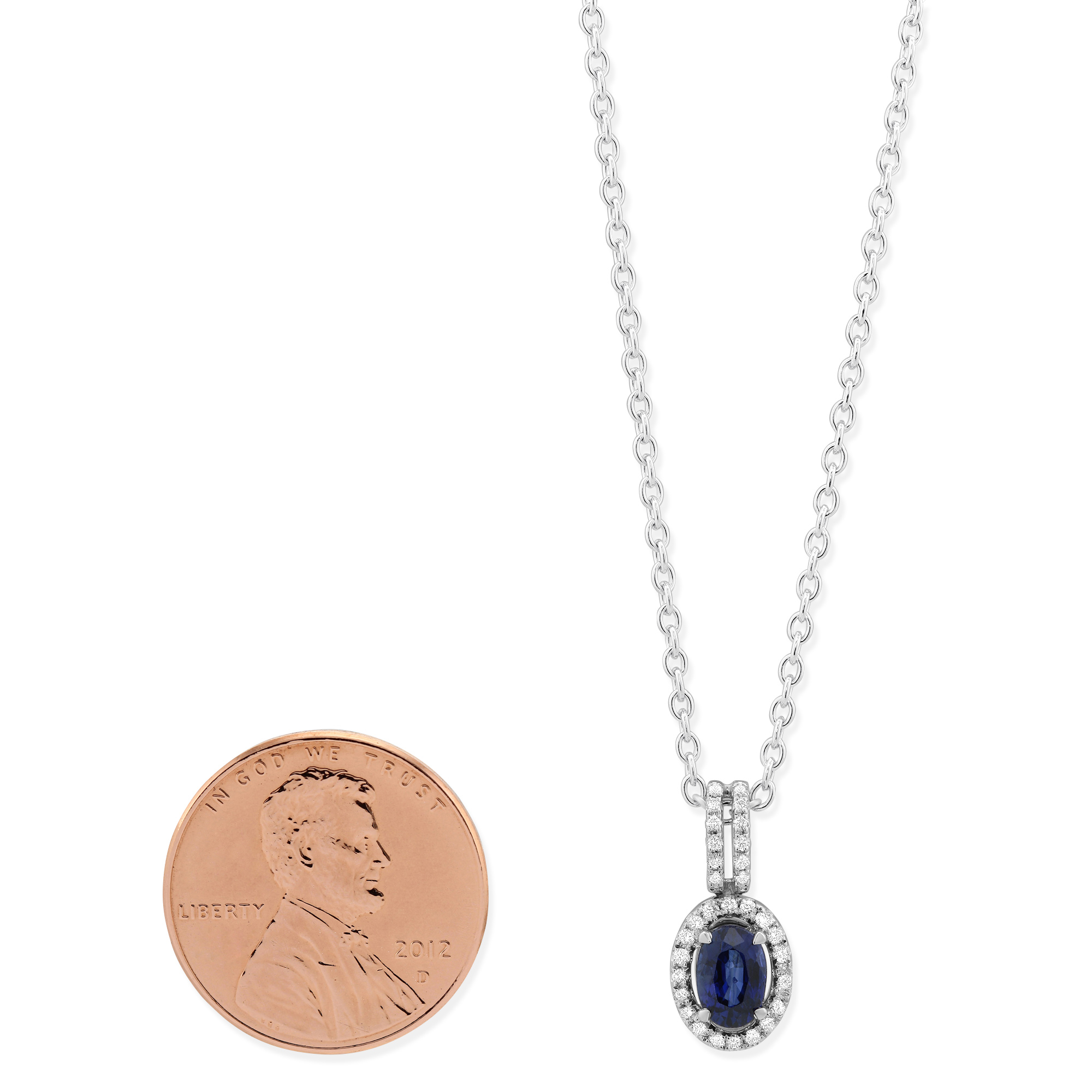 14K White Gold Oval Sapphire & Diamond Pendant, 18