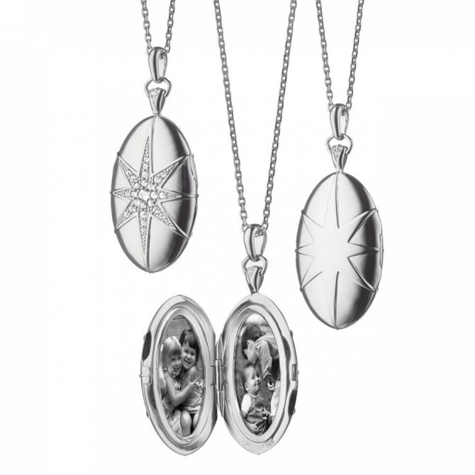 Monica Rich Kosann Star-Set Oval Locket in Sterling Silver with White Sapphires, 32"